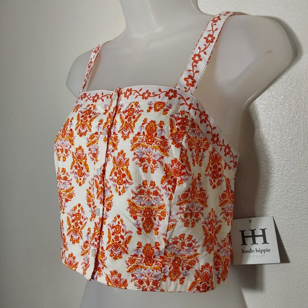 NWT Haute Hippie Sleeveless Floral Crop Top 100% Cotton Orange White - Large - Picture 3 of 9
